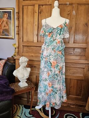 Vici Tropical Floral Ruffle Maxi Dress in White, Green & Coral